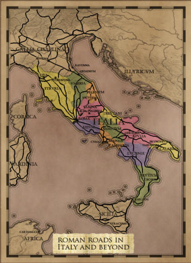 map of Roman roads in Italy