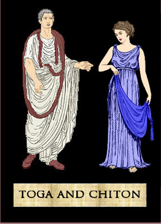 man wearing toga and woman wearing chiton