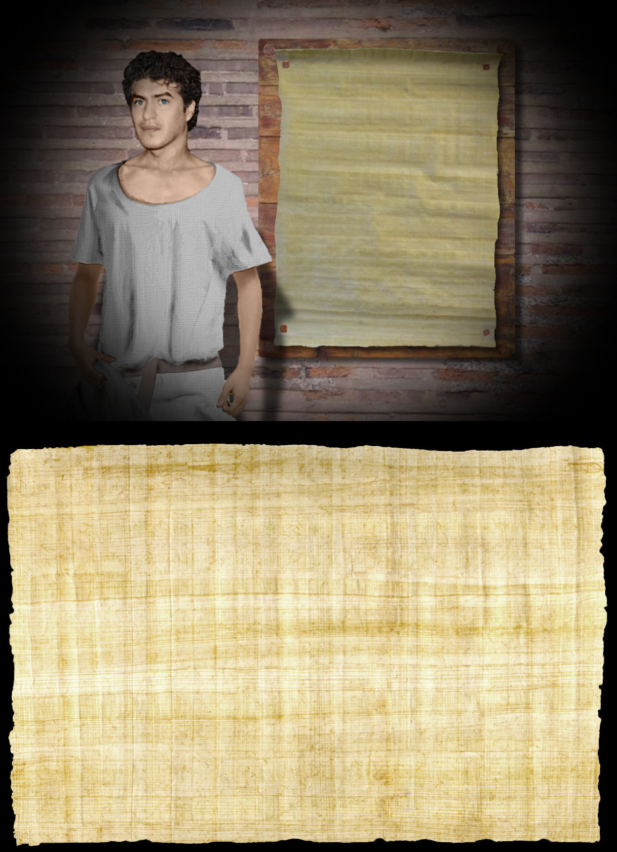 Gaius standing in front of a brick wall with a sign